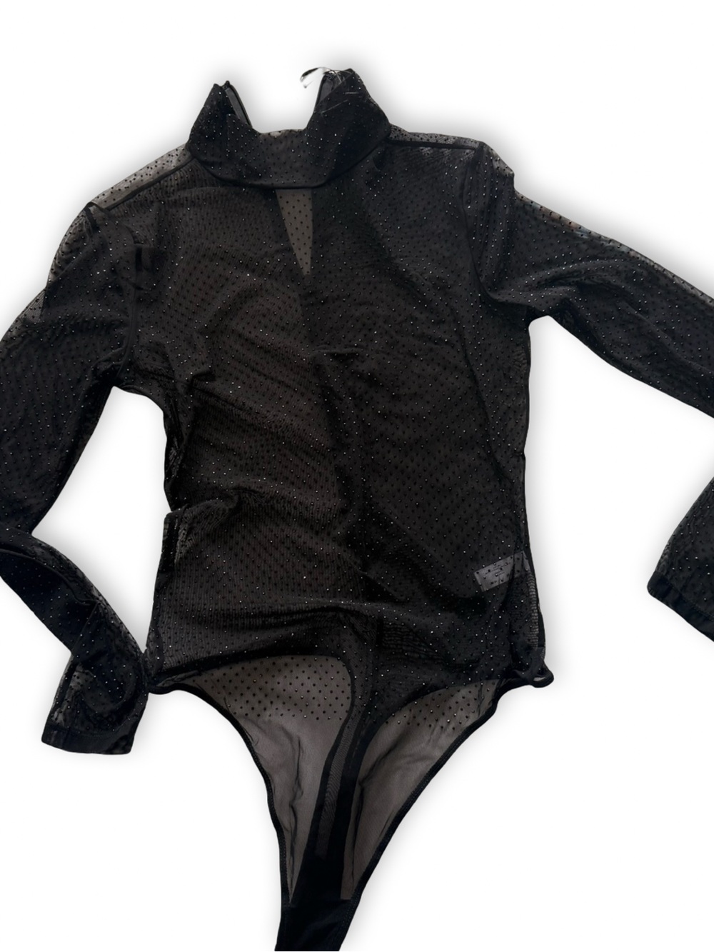 Fleur du Mal Sheer Rhinestone Mock-Neck Long Sleeve Top — Black - Picture 3 of 4